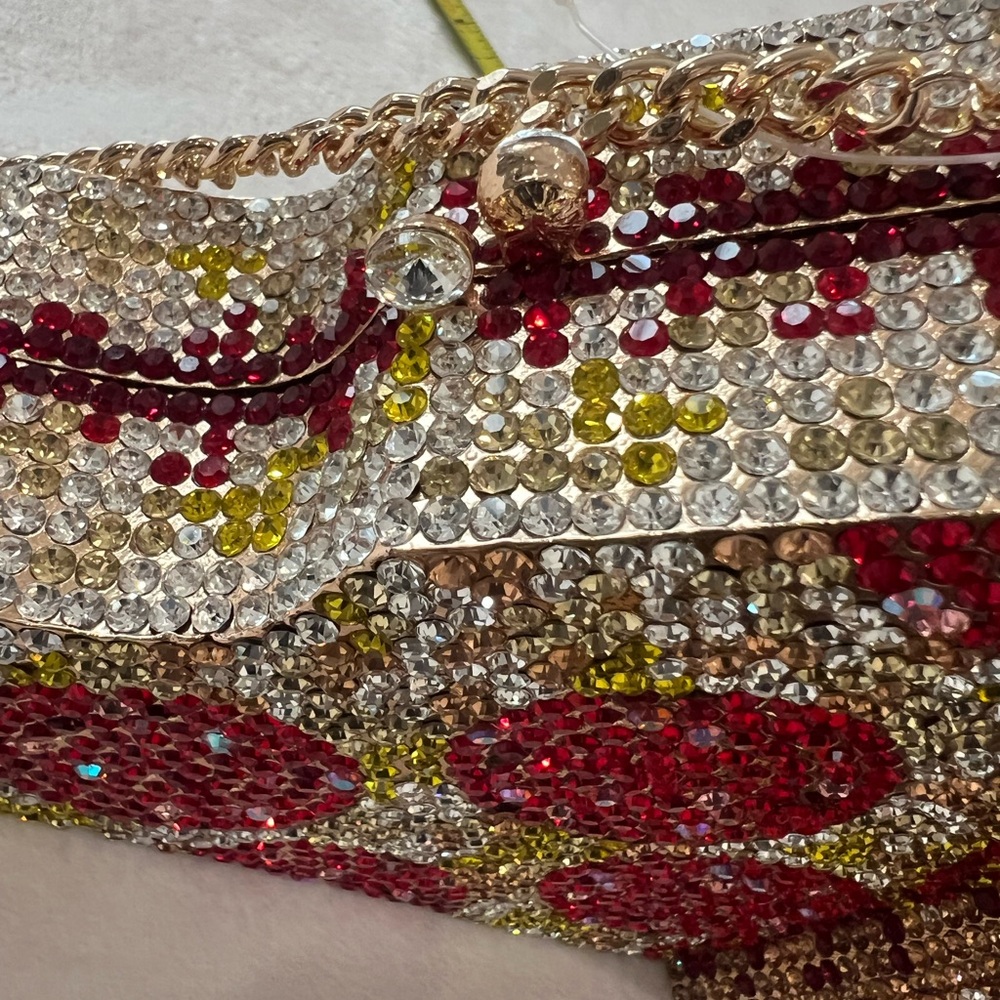 Embellished Pizza Slice Rhinestone Clutch in Red, Gold & Clear - Picture 4 of 16